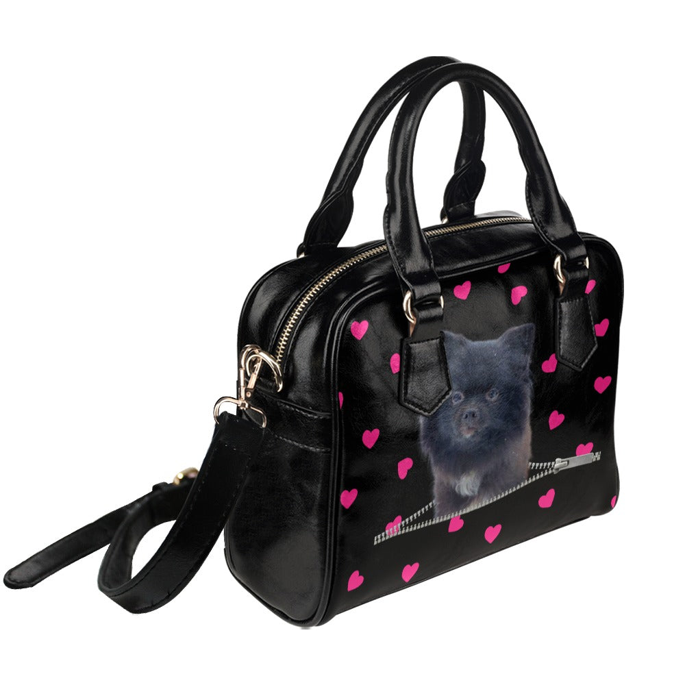Black Pomeranian Zip Hearts Shoulder Handbag