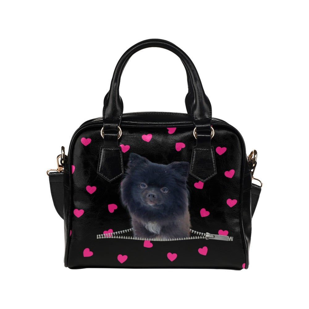 Black Pomeranian Zip Hearts Shoulder Handbag