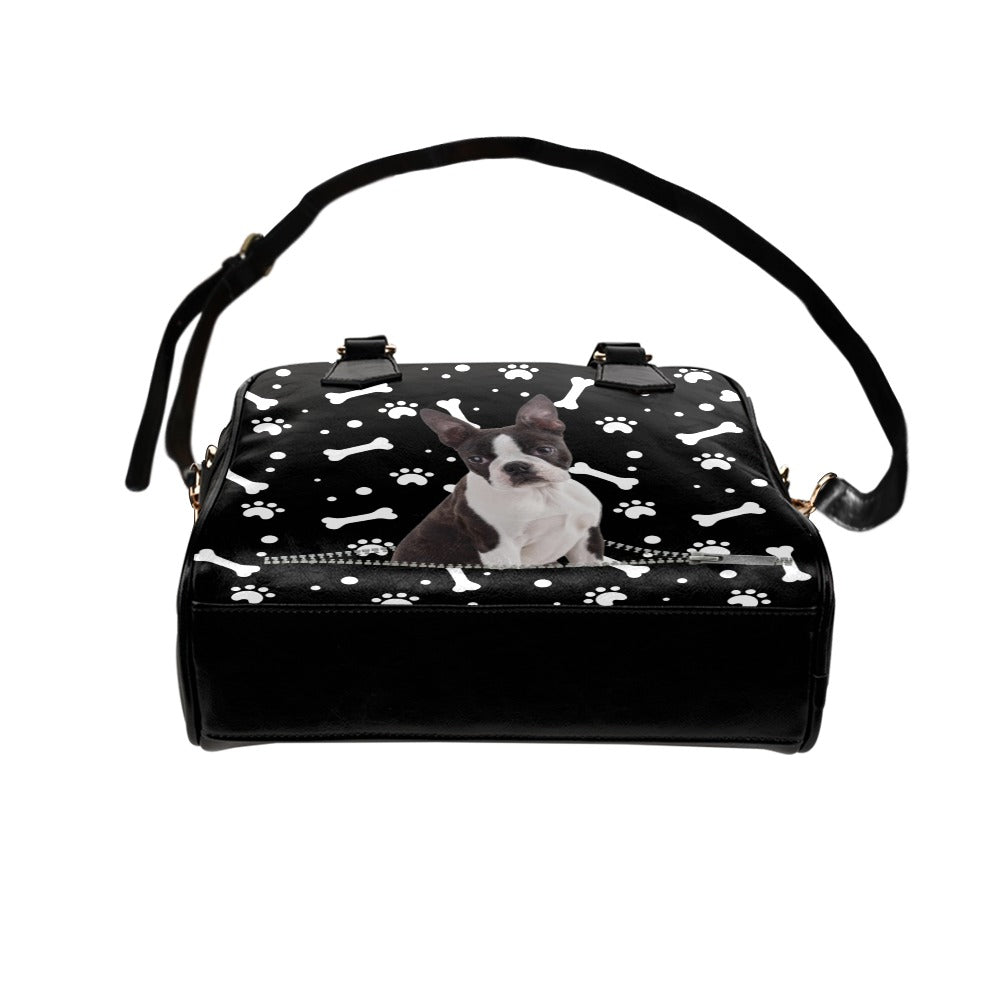 Boston Terrier Dog Zip Paws and Bones Shoulder Handbag