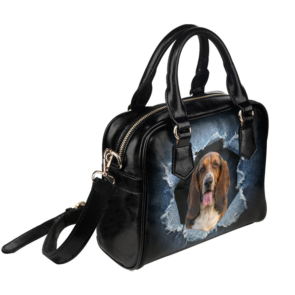Basset Hound Ripped Denim Print Shoulder Handbag