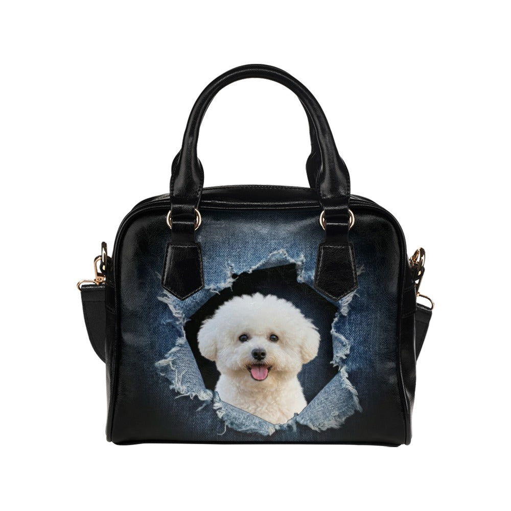 Bichon Frise Ripped Denim Print Shoulder Handbag