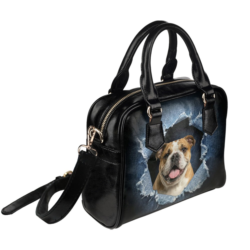 Bulldog (English) Ripped Denim Print Shoulder Handbag