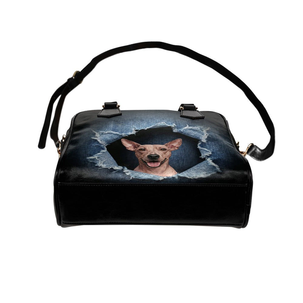 American Hairless Terrier Ripped Denim Print Shoulder Handbag