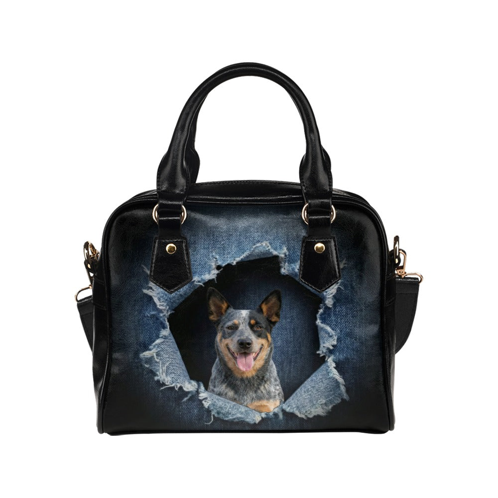 Australian Cattle Dog Ripped Denim Print Shoulder Handbag