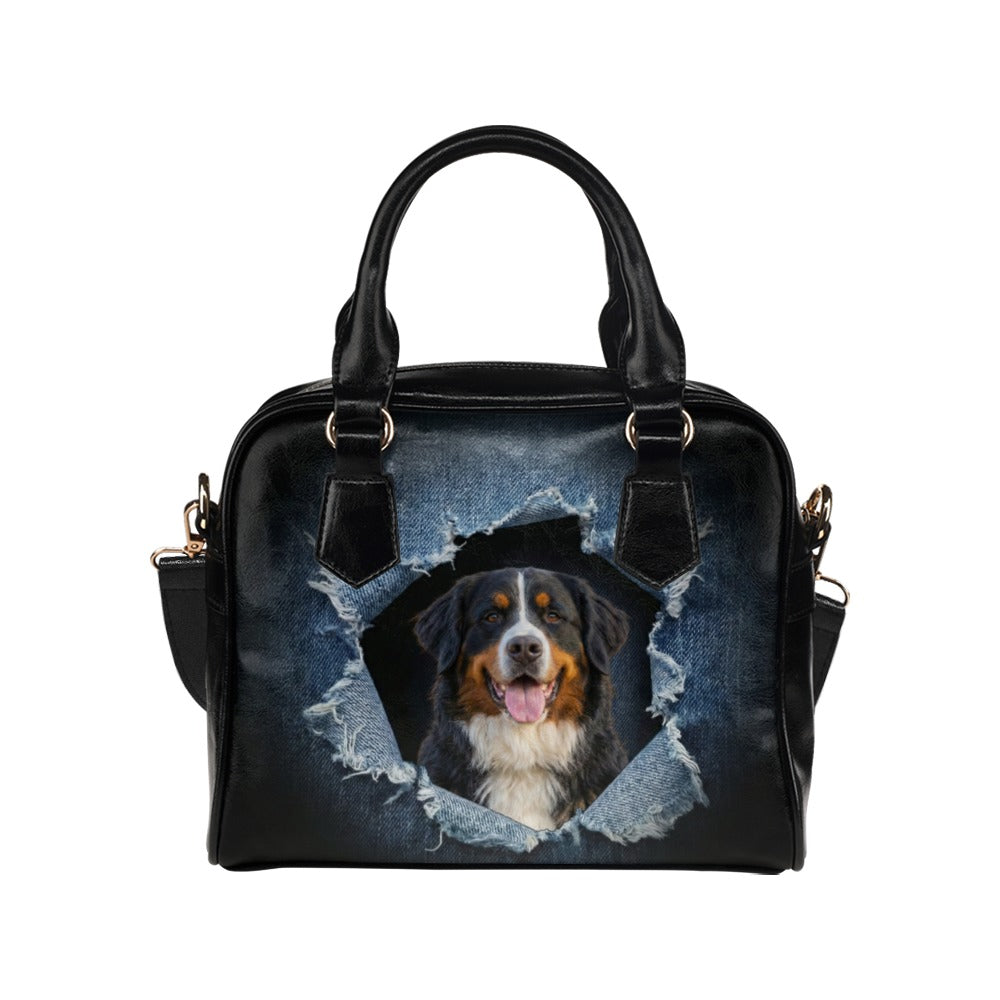 Bernese Mountain Dog Ripped Denim Print Shoulder Handbag