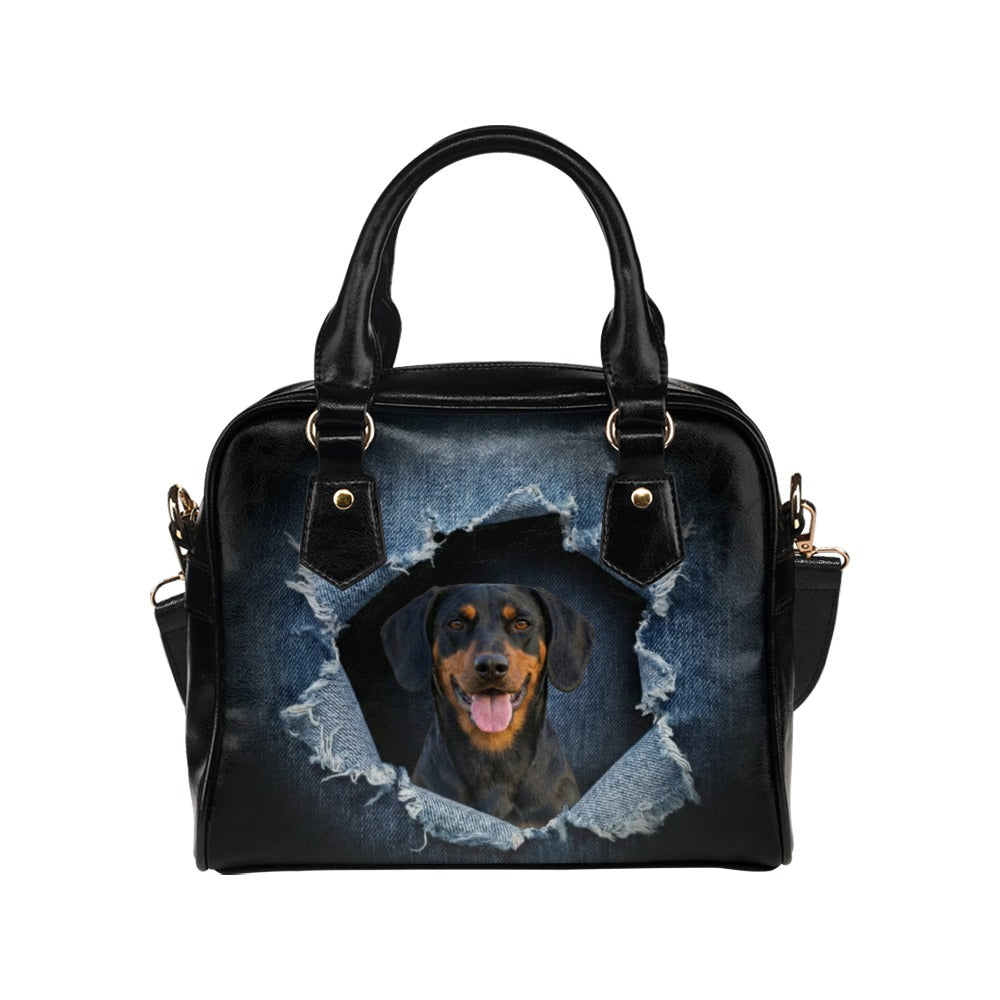 Austrian Black and Tan Hound Ripped Denim Print Shoulder Handbag