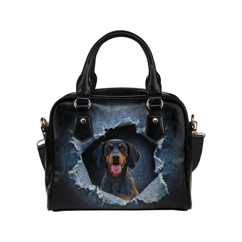 Black and Tan Coonhound  Ripped Denim Print Shoulder Handbag