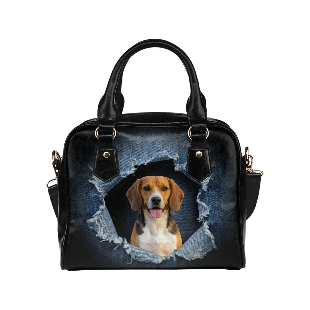 Beagle-Harrier Ripped Denim Print Shoulder Handbag
