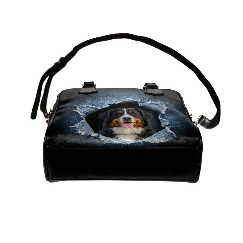 Bernese Mountain Dog Ripped Denim Print Shoulder Handbag
