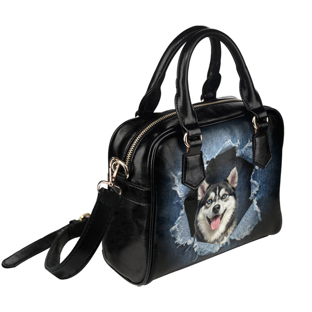 Alaskan Klee Kai Ripped Denim Print Shoulder Handbag