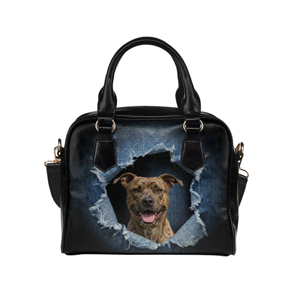 American Staffordshire Terrier Ripped Denim Print Shoulder Handbag