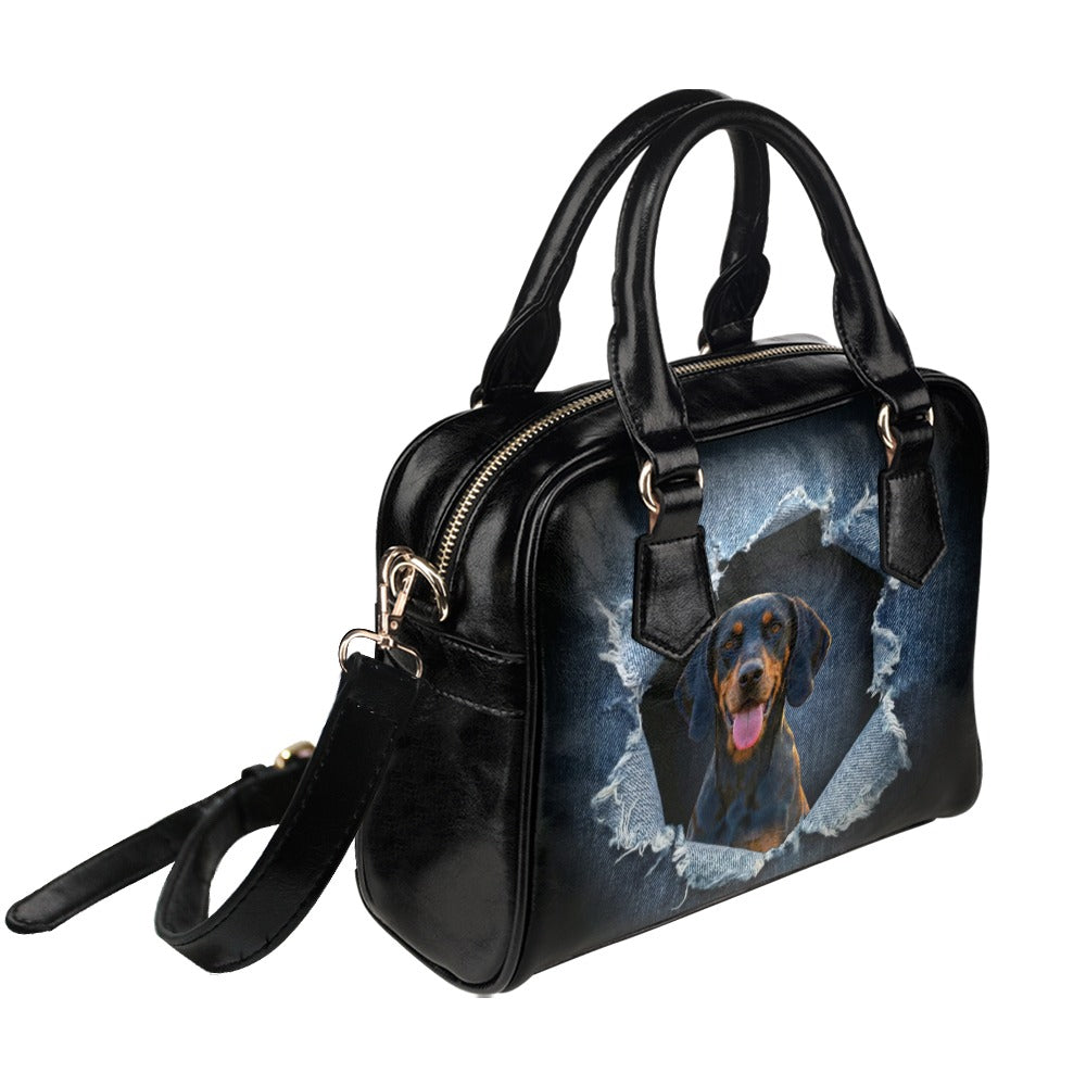 Black and Tan Coonhound  Ripped Denim Print Shoulder Handbag