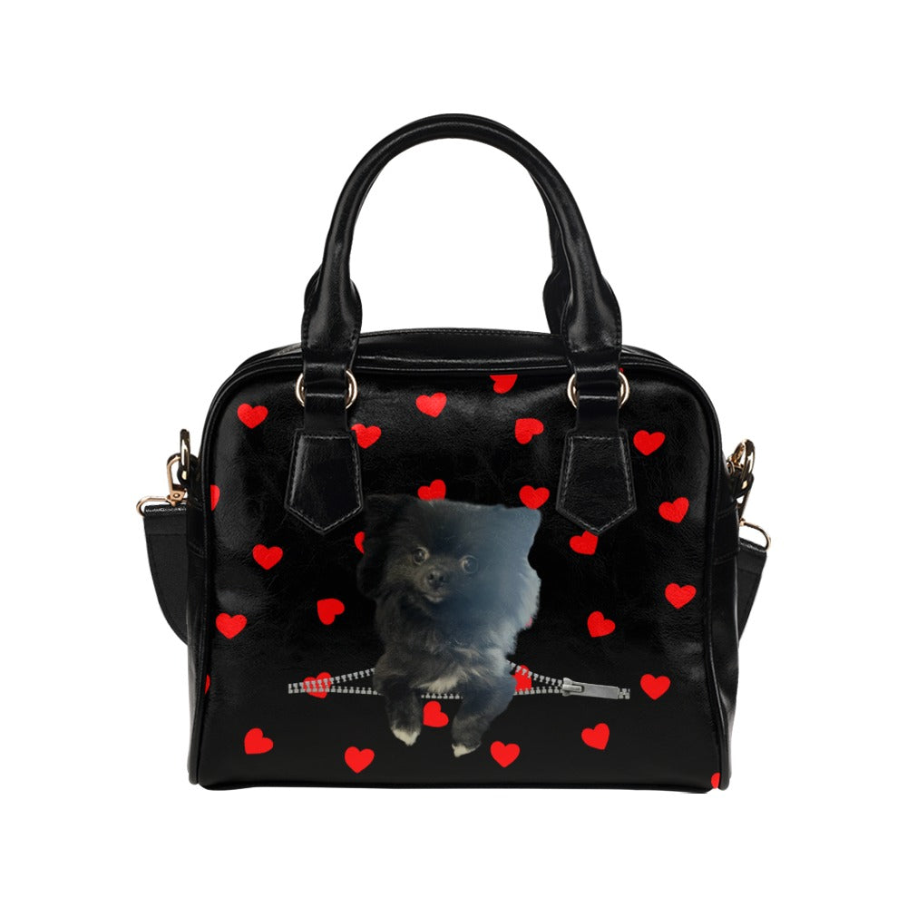 Black Pomeranian Zip Hearts Red Shoulder Handbag