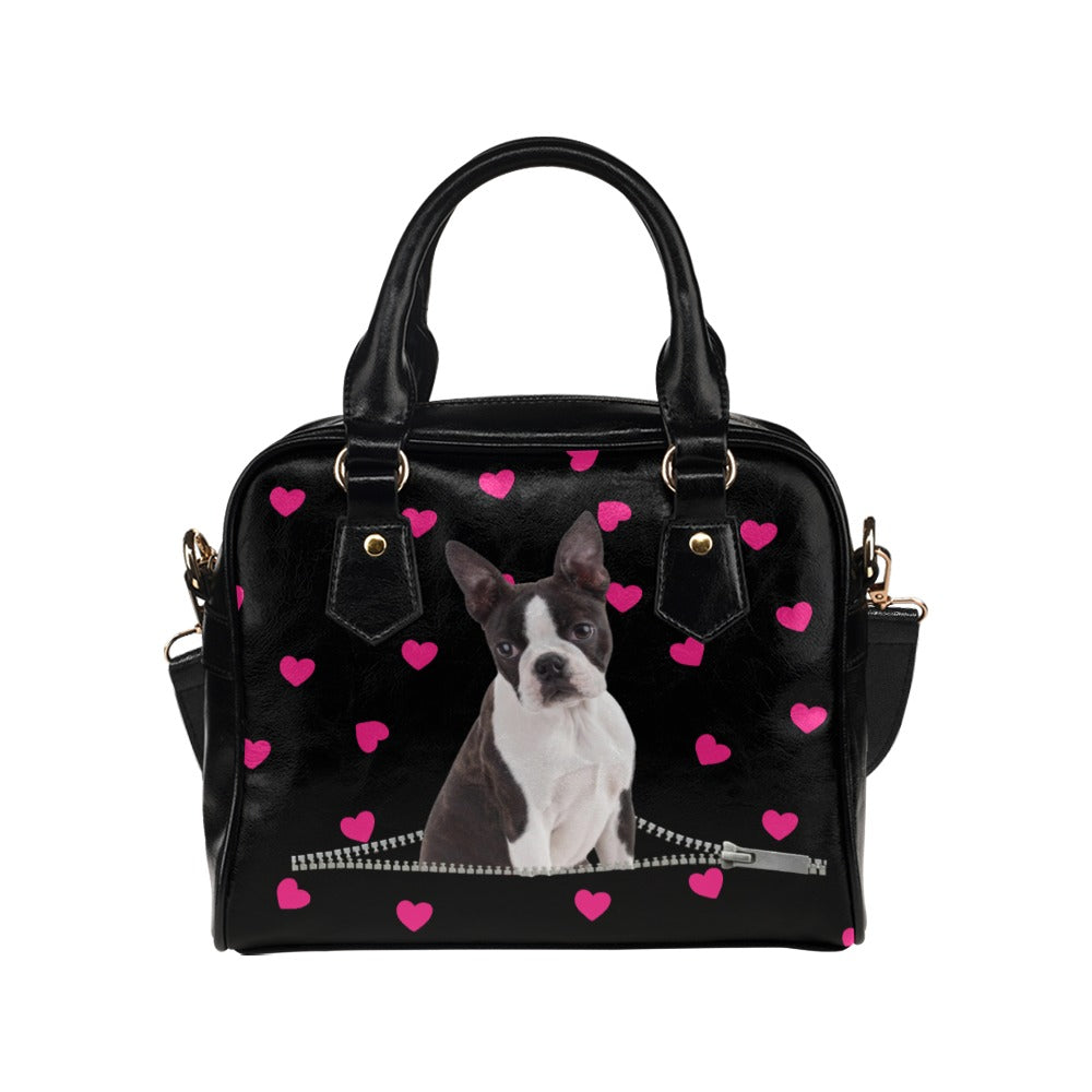 Boston Terrier Dog Zip Hearts Shoulder Handbag