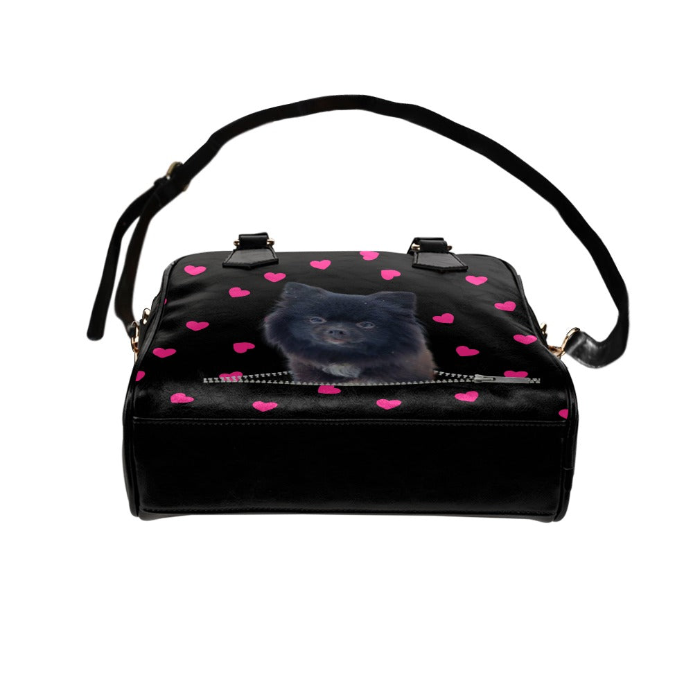 Black Pomeranian Zip Hearts Shoulder Handbag