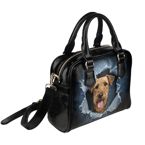 Airedale Terrier Ripped Denim Print Shoulder Handbag