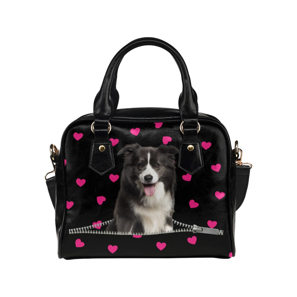 Border Collie Zip Hearts Shoulder Handbag