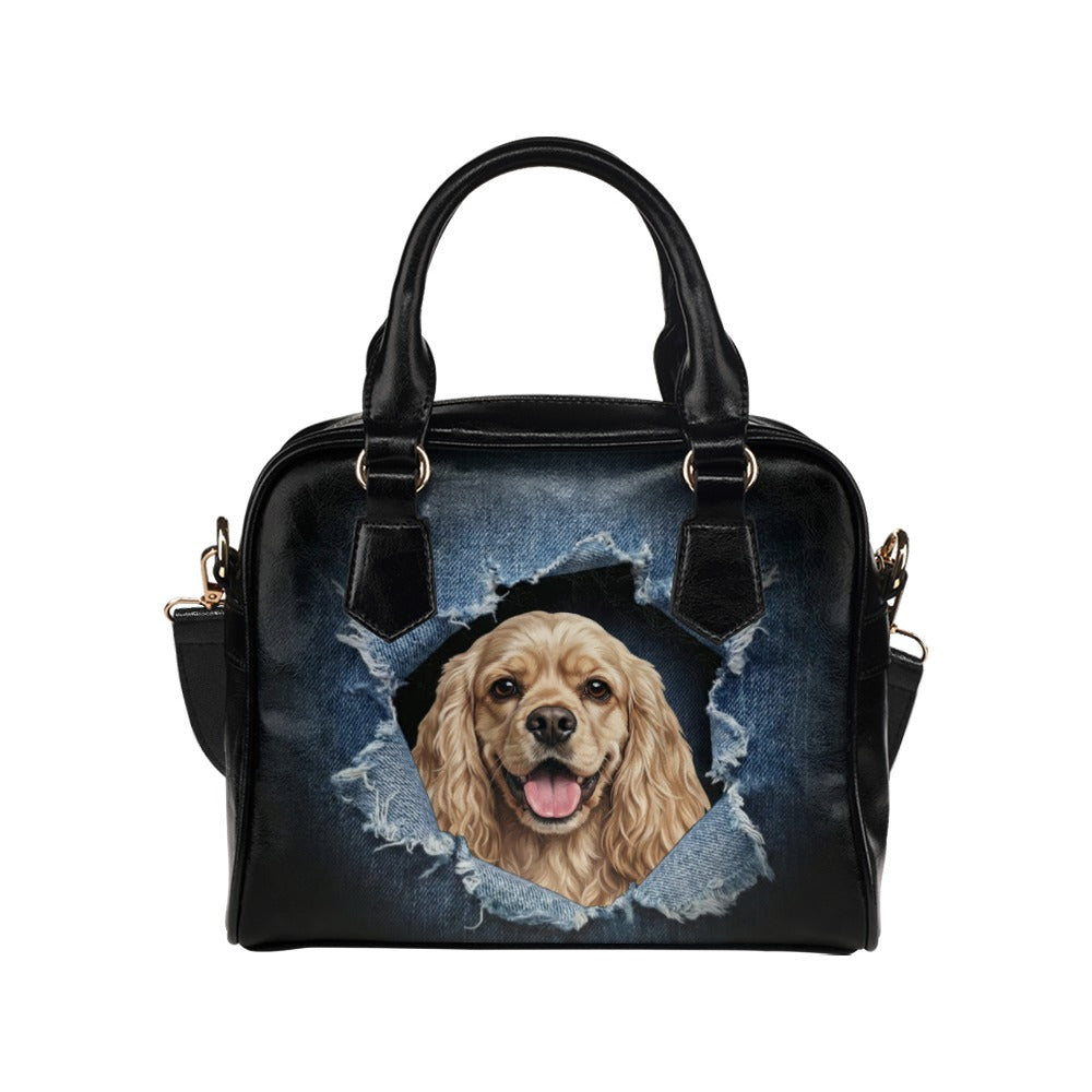 American Cocker Spaniel Ripped Denim Print Shoulder Handbag