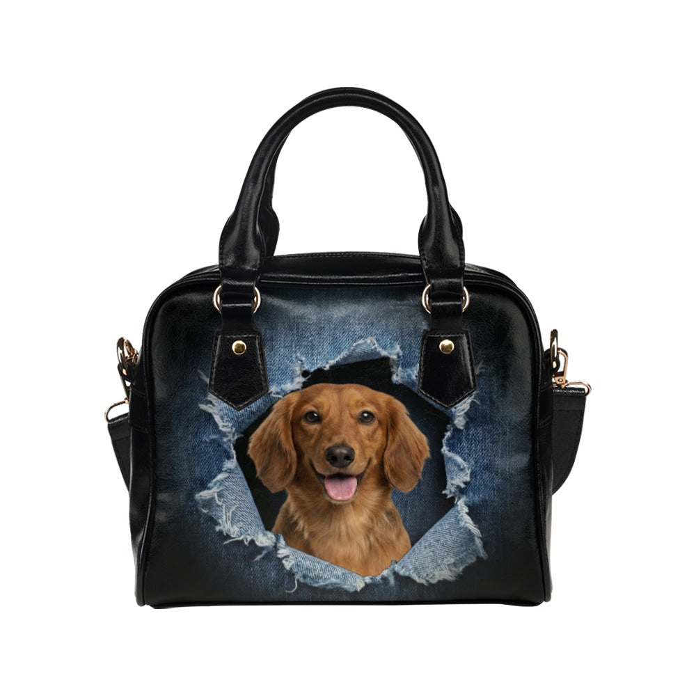 Dachshund Ripped Denim Print Shoulder Handbag