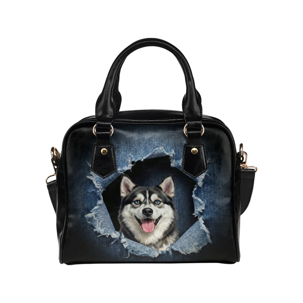 Alaskan Klee Kai Ripped Denim Print Shoulder Handbag