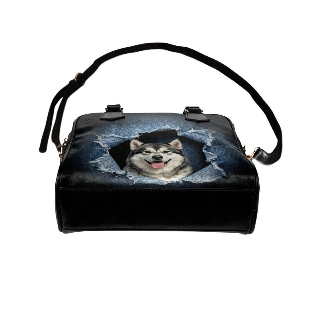 Alaskan Malamute Ripped Denim Print Shoulder Handbag