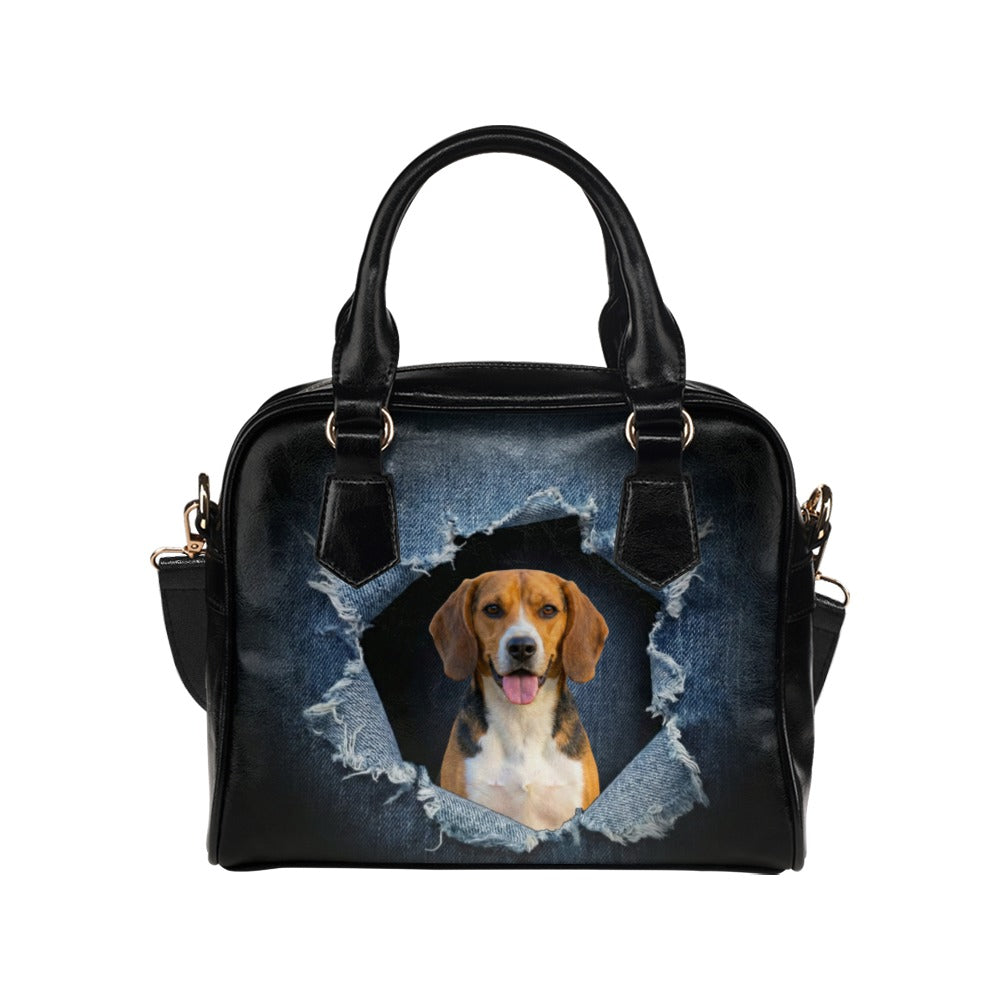 Beagle-Harrier Ripped Denim Print Shoulder Handbag