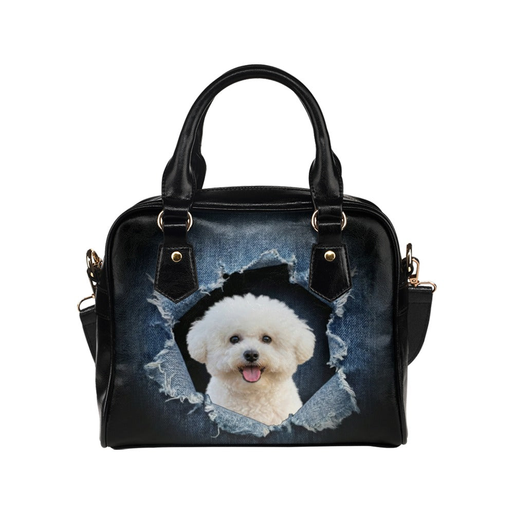 Bichon Frise Ripped Denim Print Shoulder Handbag