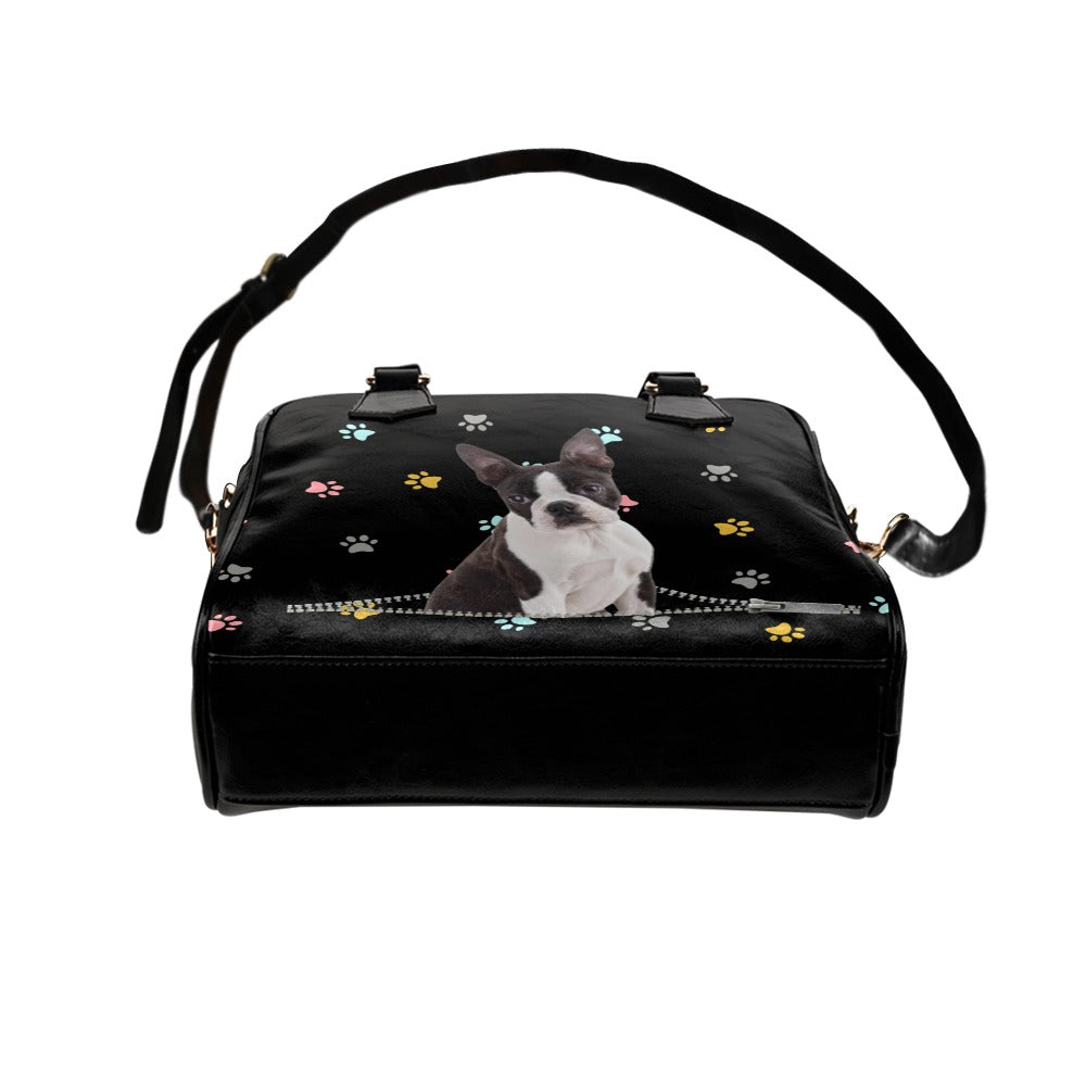 Boston Terrier Dog Zip Colorful Paws Shoulder Handbag