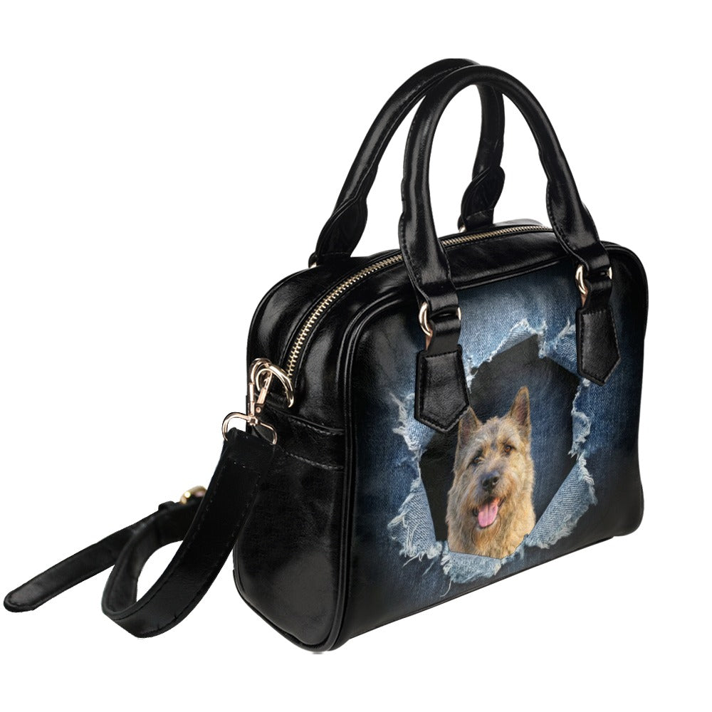 Bouvier des Ardennes Ripped Denim Print Shoulder Handbag