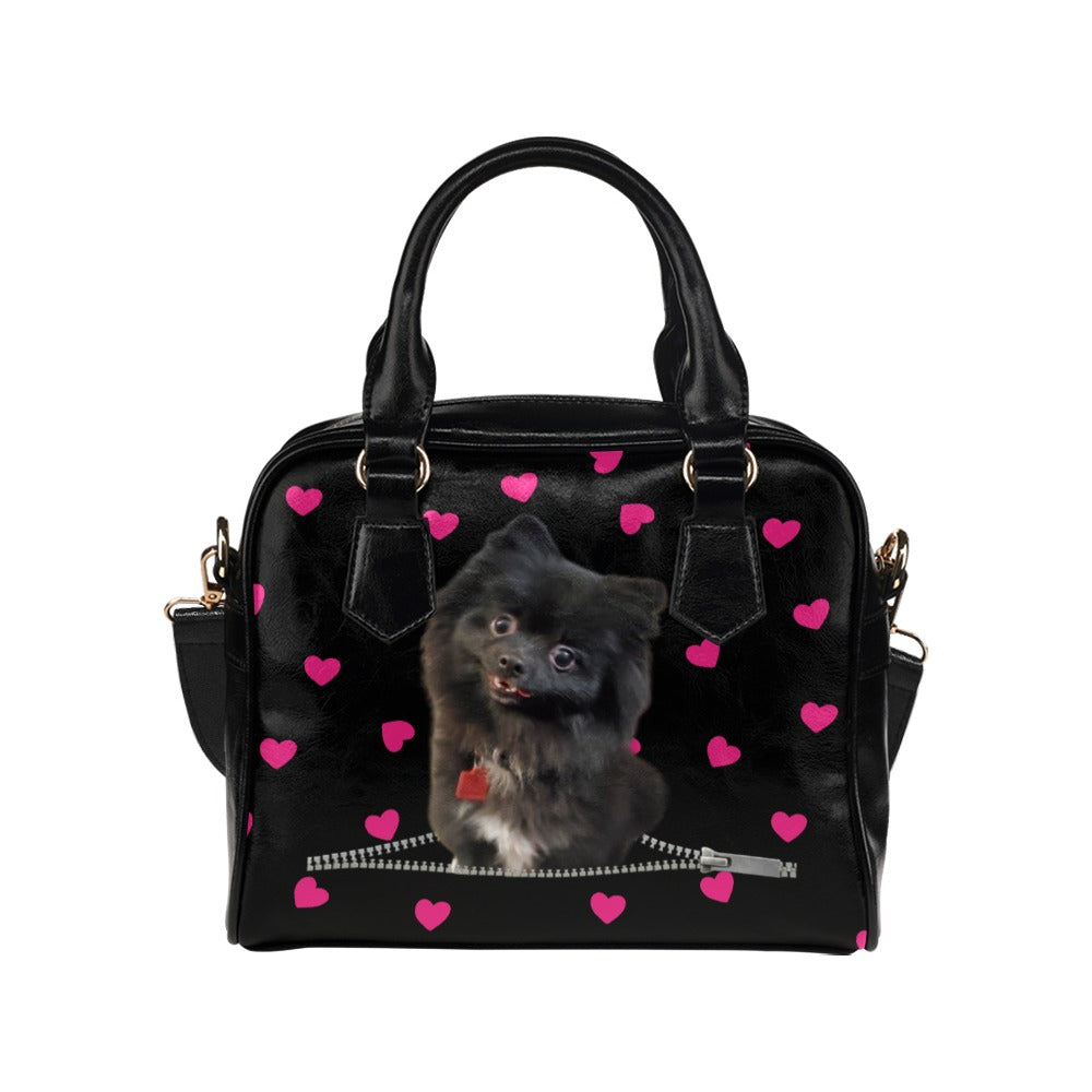 Black Pomeranian Zip Hearts Shoulder Handbag