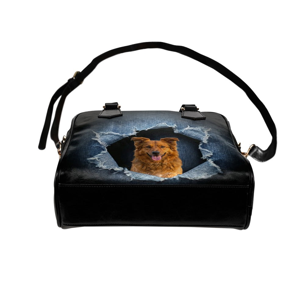 Basque Shepherd Dog Ripped Denim Print Shoulder Handbag