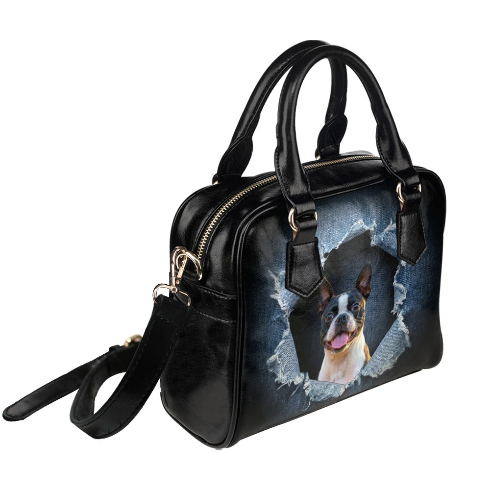 Boston Terrier Ripped Denim Print Shoulder Handbag
