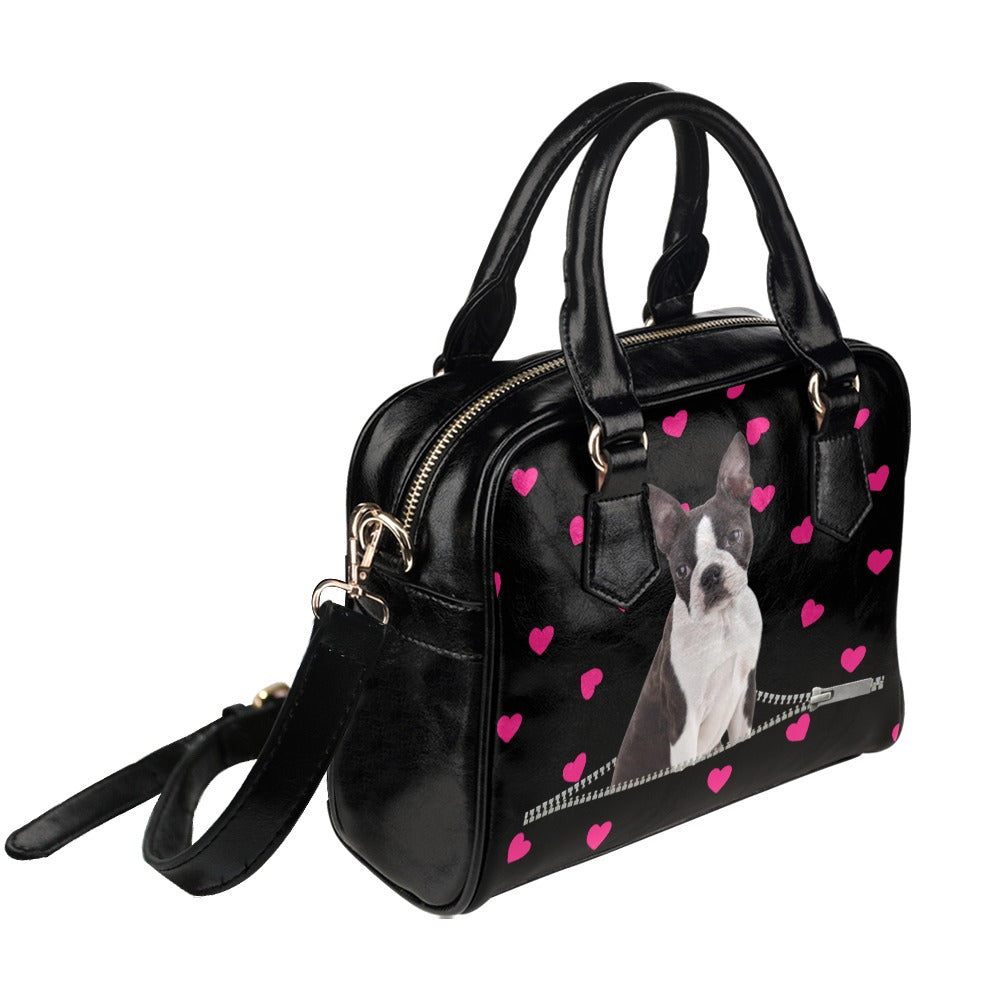 Boston Terrier Dog Zip Hearts Shoulder Handbag