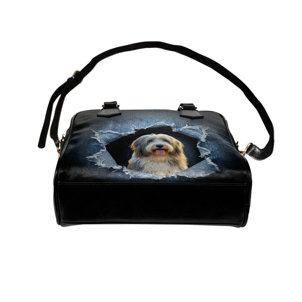 Bearded Collie Ripped Denim Print Shoulder Handbag