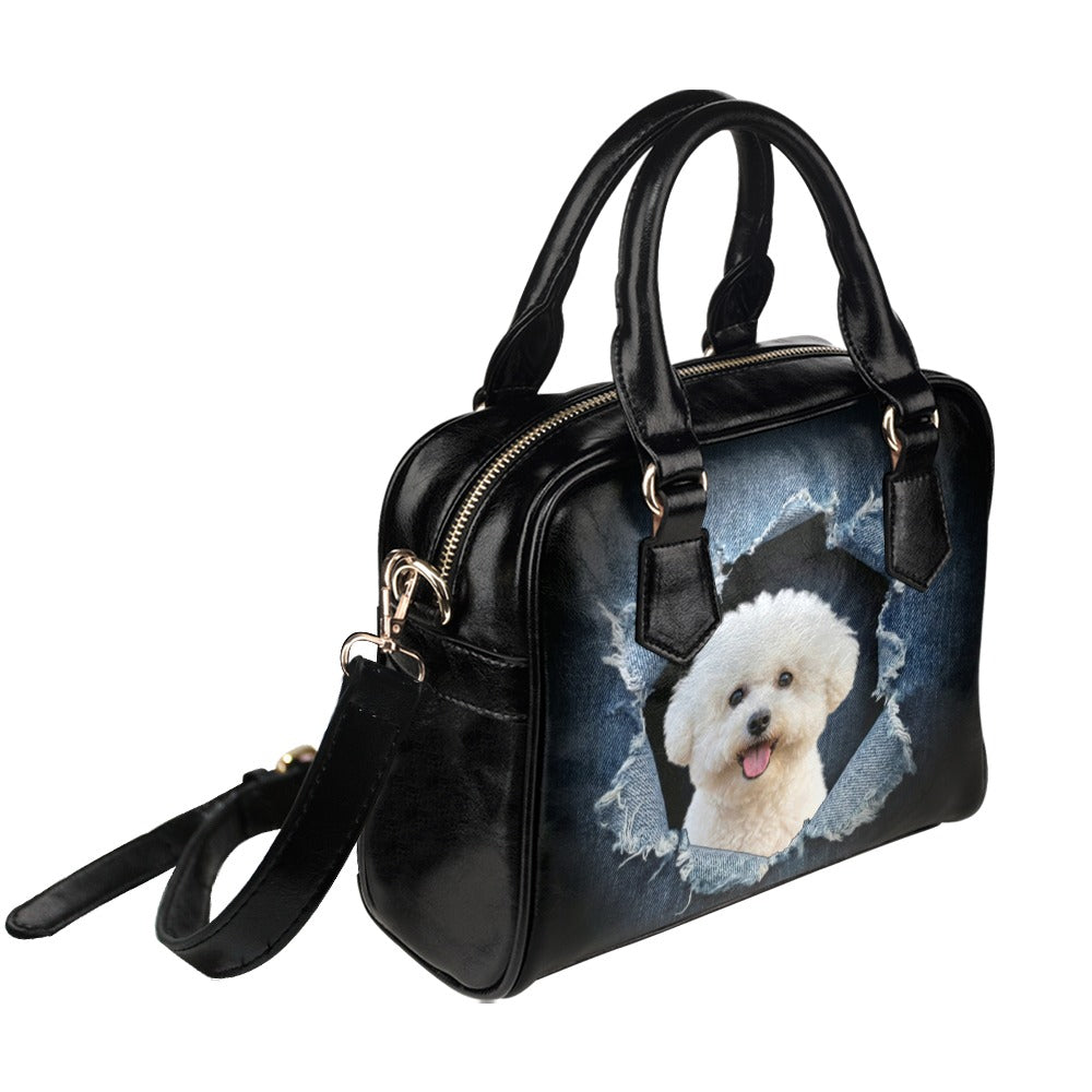 Bichon Frise Ripped Denim Print Shoulder Handbag
