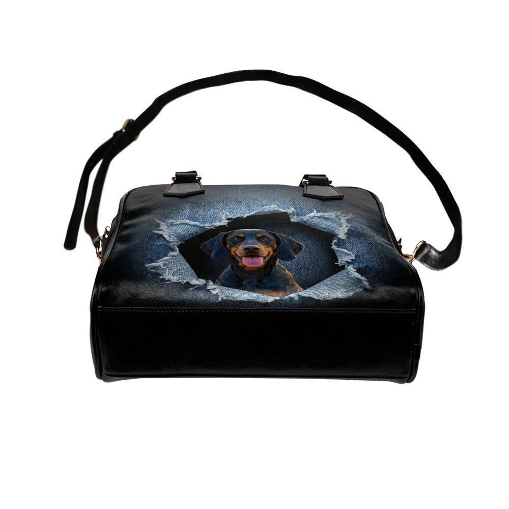 Black and Tan Coonhound  Ripped Denim Print Shoulder Handbag