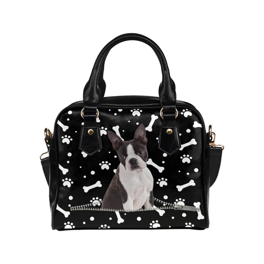 Boston Terrier Dog Zip Paws and Bones Shoulder Handbag