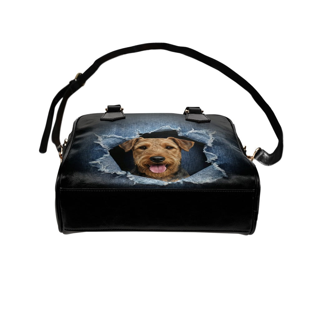 Airedale Terrier Ripped Denim Print Shoulder Handbag