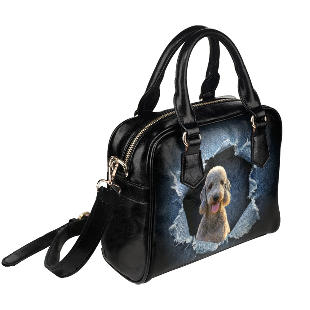 Bedlington Terrier Ripped Denim Print Shoulder Handbag