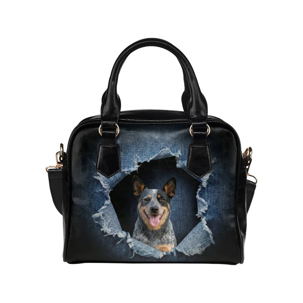Australian Cattle Dog Ripped Denim Print Shoulder Handbag