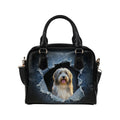 Bearded Collie Ripped Denim Print Shoulder Handbag