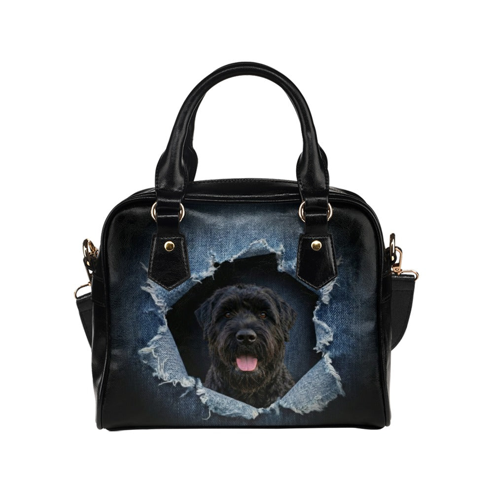 Black Russian Terrier Ripped Denim Print Shoulder Handbag