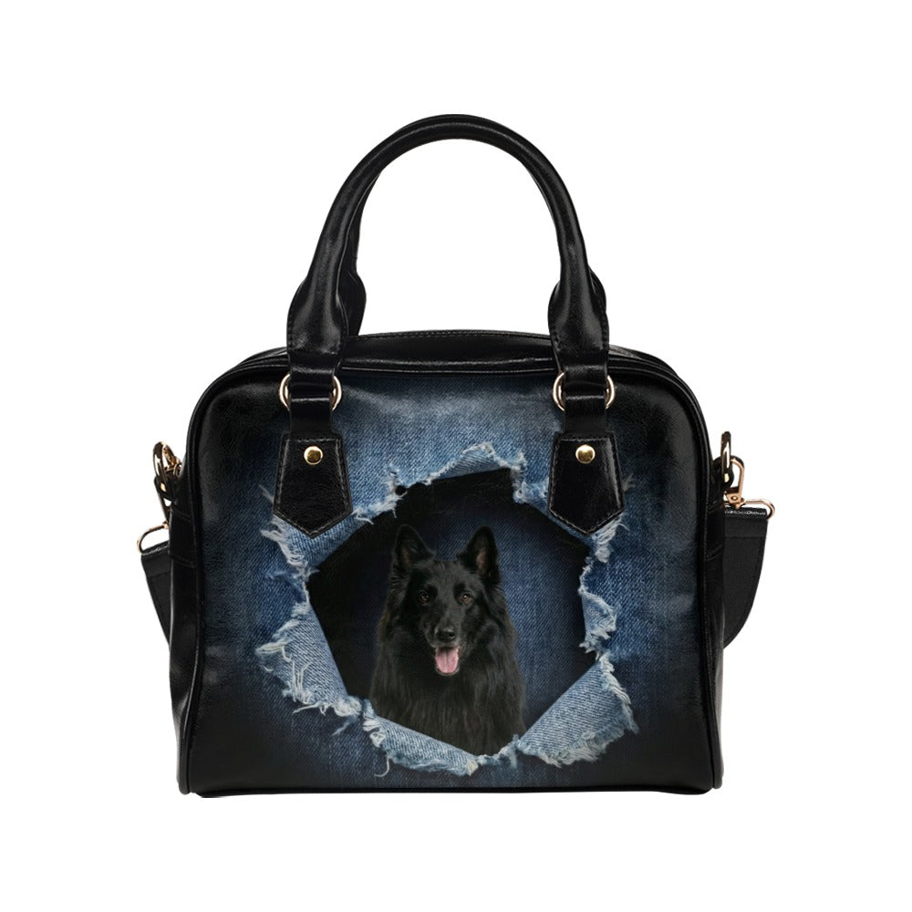 Belgian Shepherd (Groenendael) Ripped Denim Print Shoulder Handbag