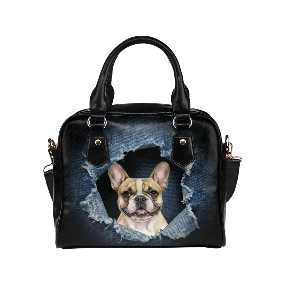 French Bulldog Ripped Denim Print Handbag Shoulder Handbag