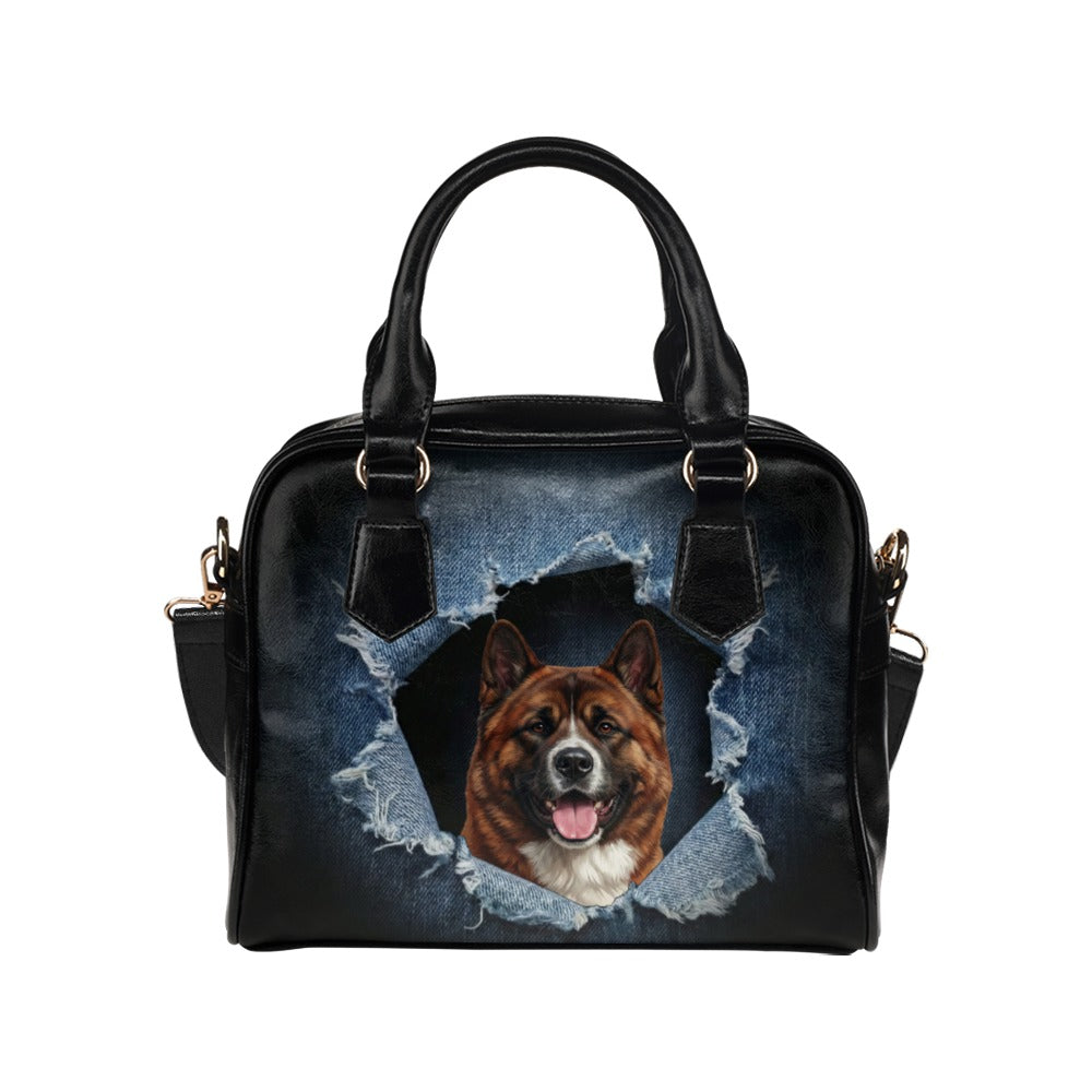 American Akita Ripped Denim Print Shoulder Handbag