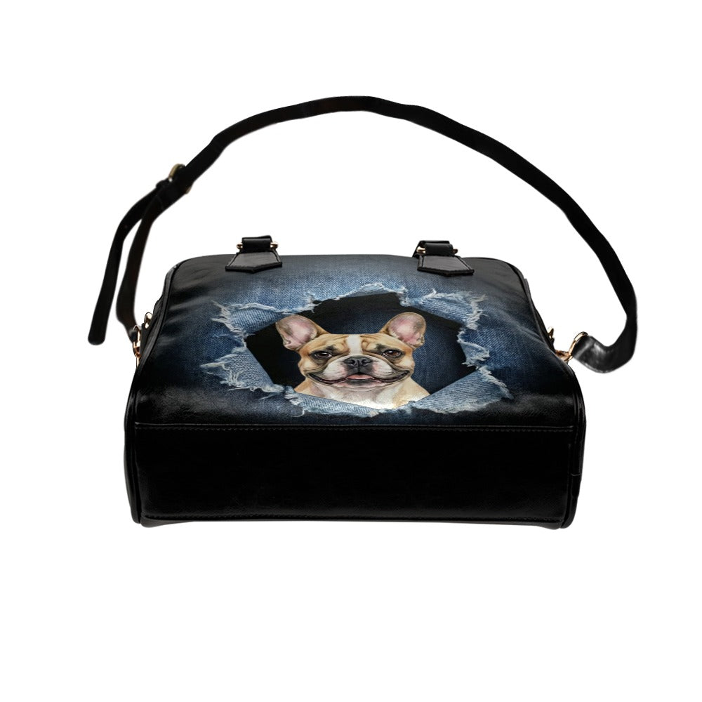French Bulldog Ripped Denim Print Handbag Shoulder Handbag