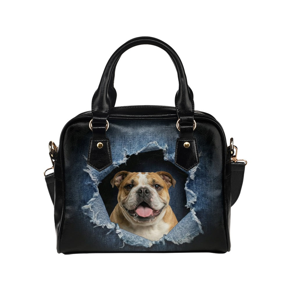 Bulldog (English) Ripped Denim Print Shoulder Handbag