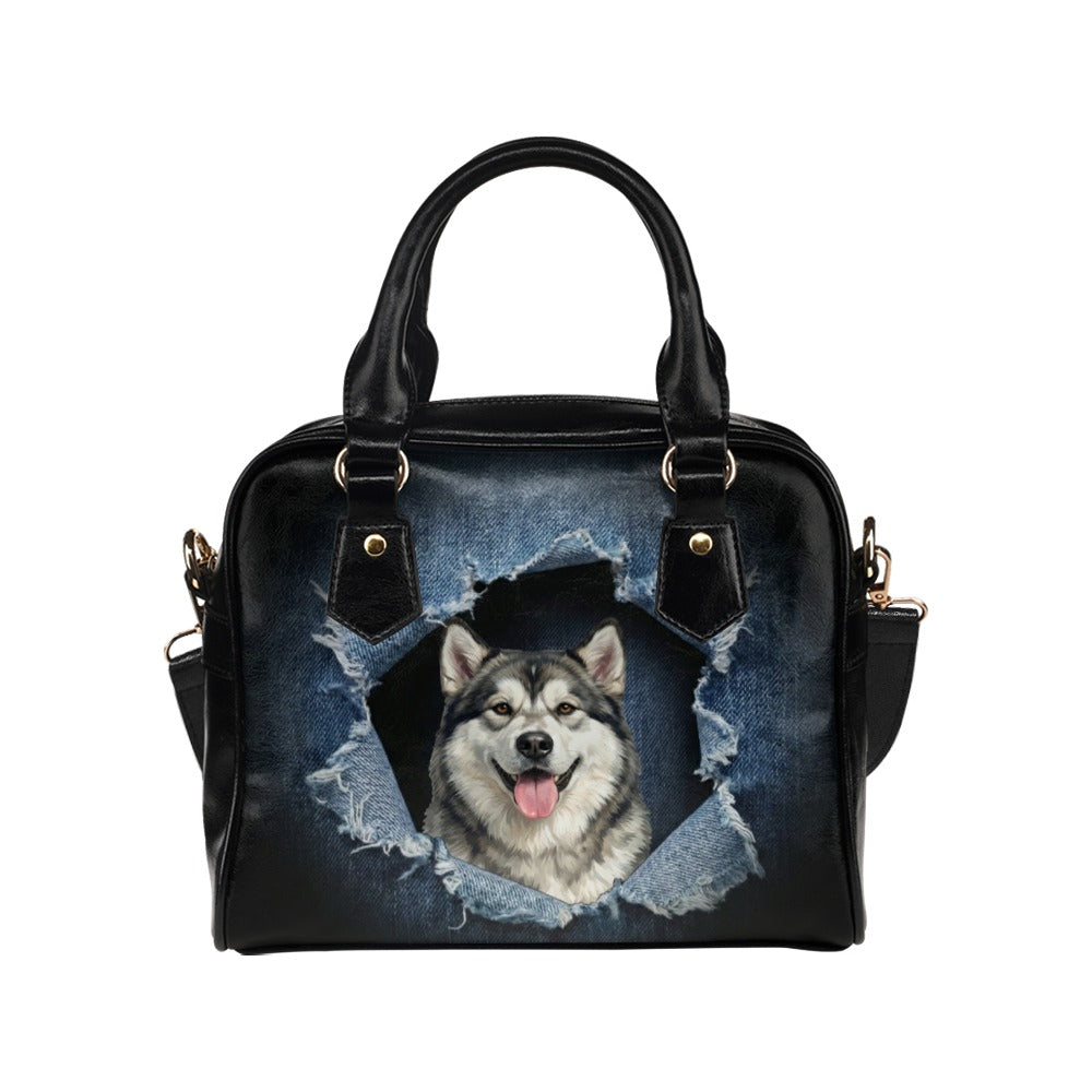 Alaskan Malamute Ripped Denim Print Shoulder Handbag