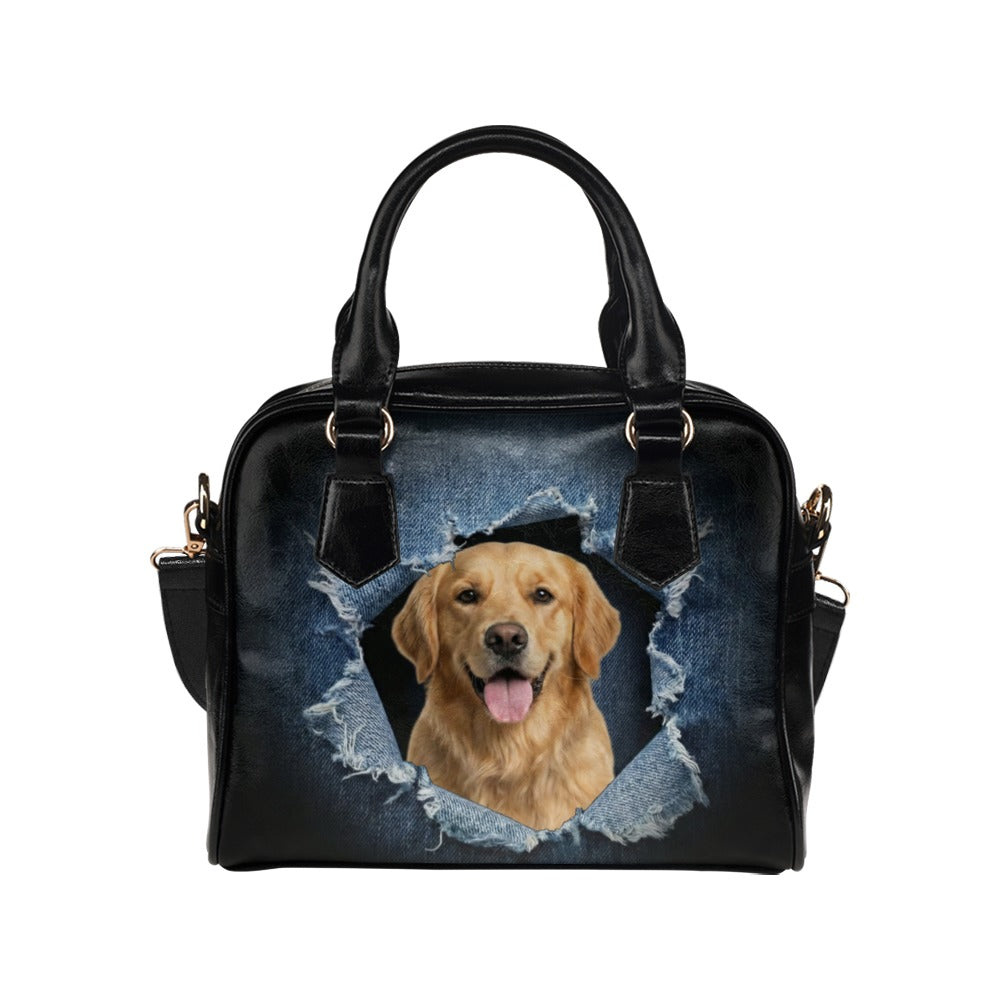 Golden Retriever Ripped Denim Print Shoulder Handbag