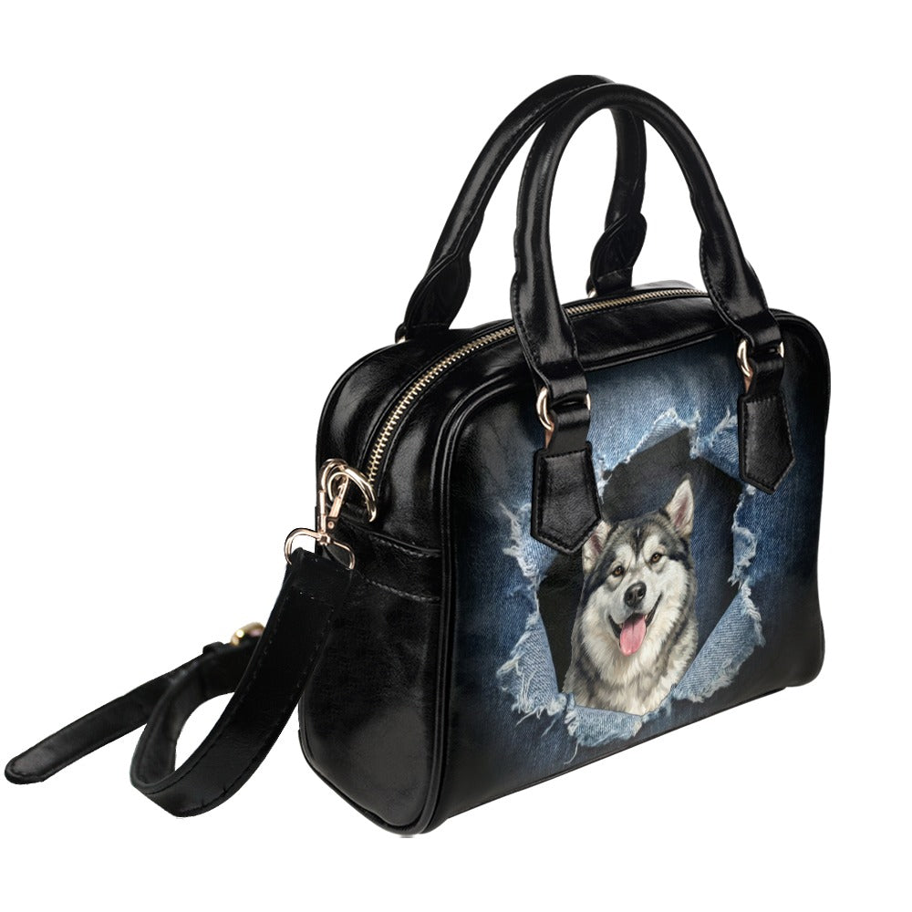 Alaskan Malamute Ripped Denim Print Shoulder Handbag